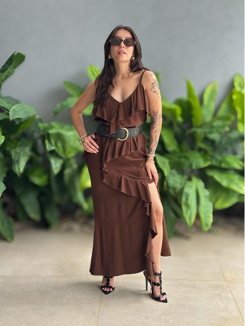 Vestido Midi Valeria Viscolinho MARROM - LOJA TUTTI FRUTTI