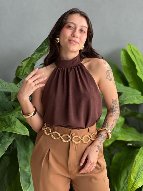 Blusa Marjorie em Crepe MARROM - LOJA TUTTI FRUTTI