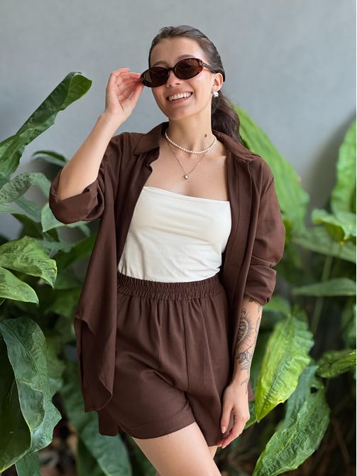 Conjunto Marta Camisa e Shorts em Linho MARROM - LOJA TUTTI FRUTTI