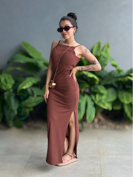 Vestido Longo Alças Finas Costas Nua MARROM - LOJA TUTTI FRUTTI