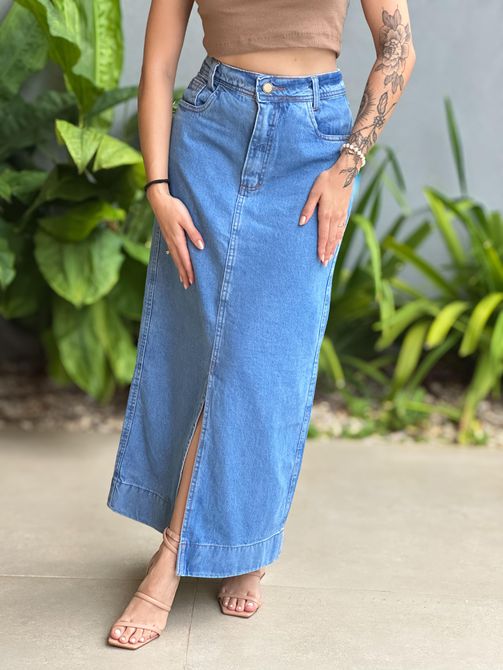 Saia Jeans Max Midi LAVAGEM MEDIA - LOJA TUTTI FRUTTI