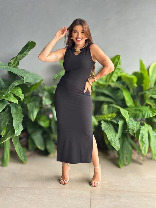 Vestido Midi Elsa em Anarruga PRETO - LOJA TUTTI FRUTTI