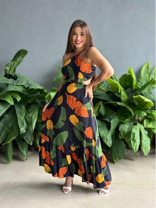 Vestido Longo Rafaela ESTAMPADO PRETO COM LARANJA - LOJA TUTTI FRUTTI