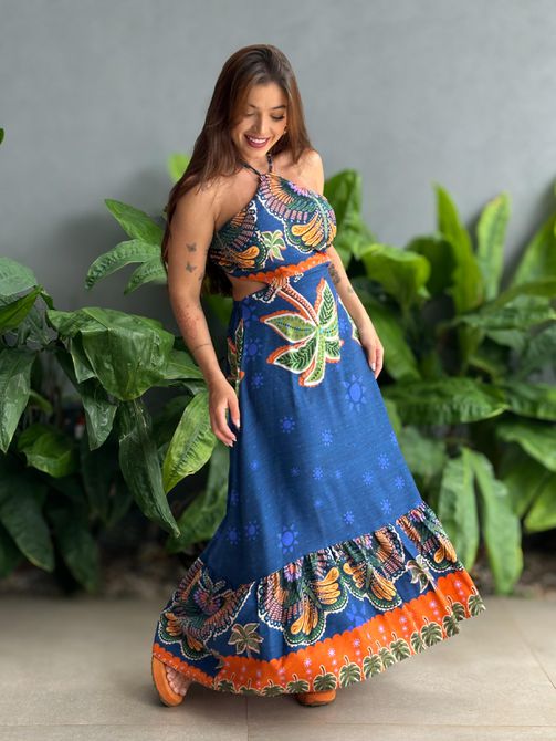 Vestido Longo Rafaela ESTAMPADO AZUL E LARANJA - LOJA TUTTI FRUTTI