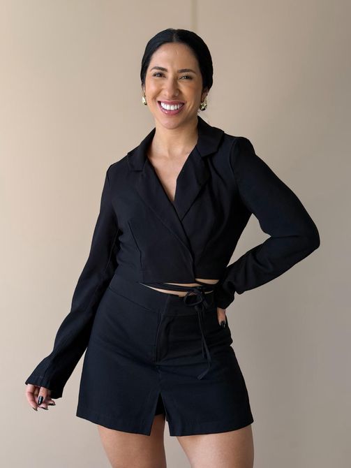 Conjunto linho Cropped e Shorts Saia PRETO - LOJA TUTTI FRUTTI