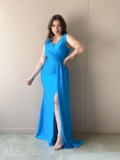 Vestido Longo Sasha Decote em V AZUL - LOJA TUTTI FRUTTI