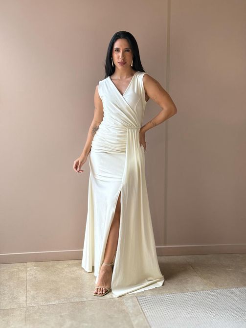 Vestido Longo Sasha Decote em V CREME - LOJA TUTTI FRUTTI