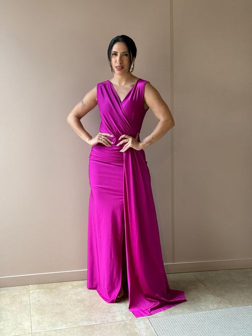 Vestido Longo Sasha Decote em V FÚCSIA - LOJA TUTTI FRUTTI
