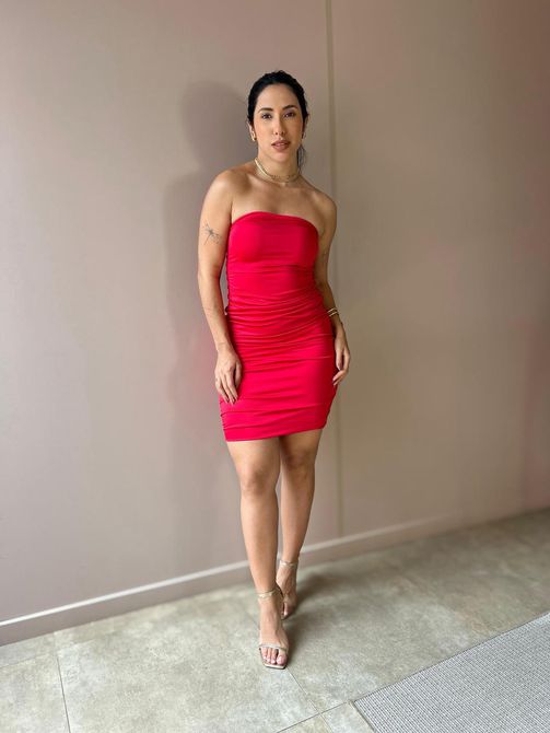 Vestido Curto Drapeado Sem Alças VERMELHO - LOJA TUTTI FRUTTI