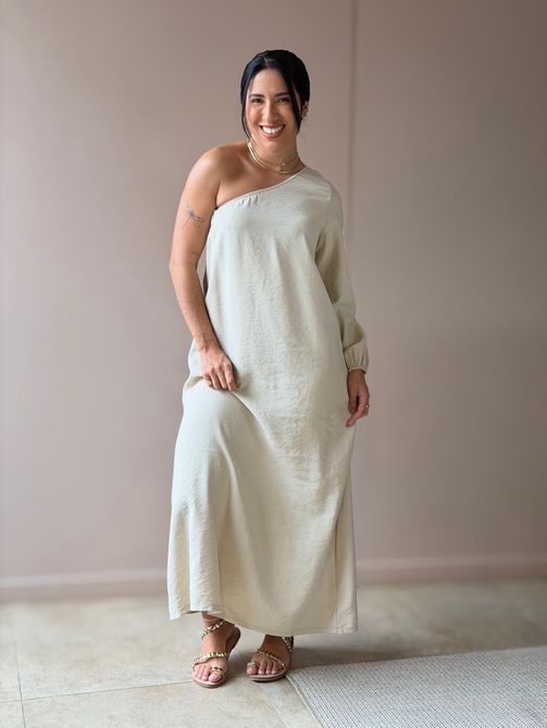 Vestido Elis Nula Manga BEGE - LOJA TUTTI FRUTTI