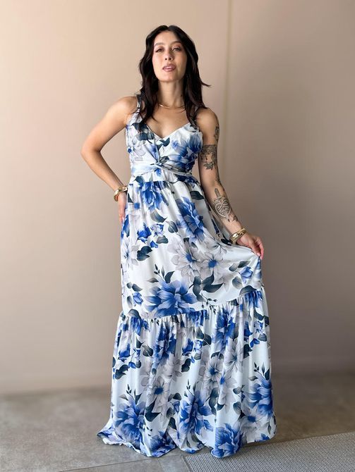 Vestido Longo Agnes ESTAMPADO FLORAL AZUL - LOJA TUTTI FRUTTI