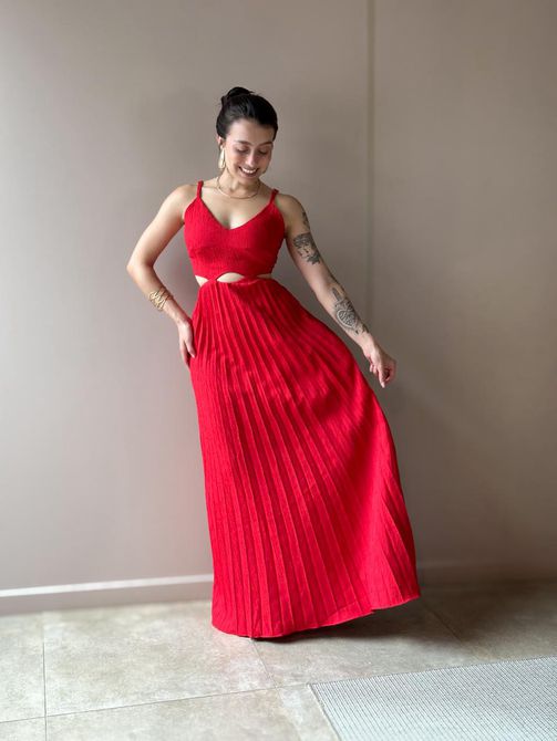 Vestido Longo Tania Plissado Abertura Abaixo do Bu... - LOJA TUTTI FRUTTI