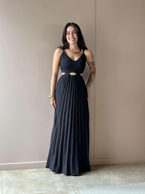 Vestido Longo Tania Plissado Abertura Abaixo do Bu... - LOJA TUTTI FRUTTI