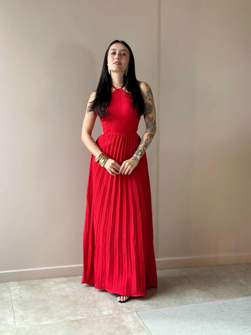 Vestido Longo Tatiana Plissado Decote Alto VERMELH - LOJA TUTTI FRUTTI