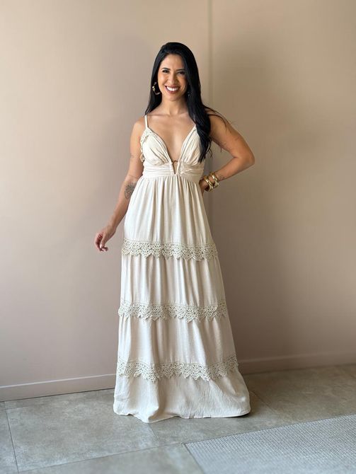 Vestido Longo Vitoria BEGE CLARO - LOJA TUTTI FRUTTI