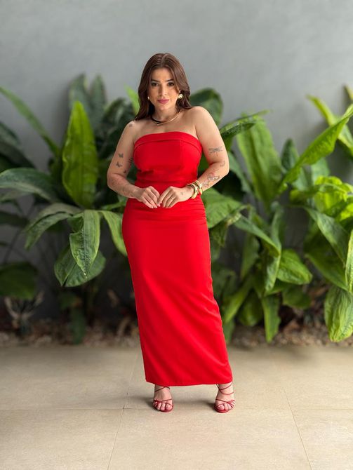 Vestido Midi Adriana Decote Sem Alças em Alfaiatar... - LOJA TUTTI FRUTTI