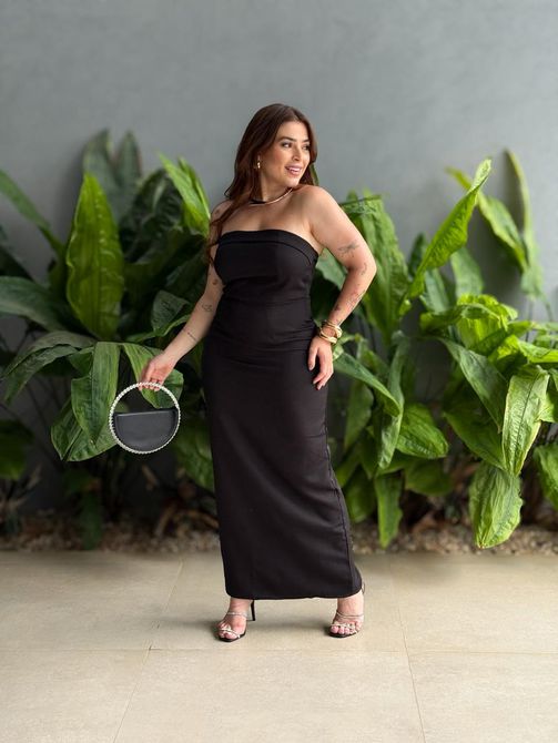 Vestido Midi Adriana Decote Sem Alças em Alfaiatar... - LOJA TUTTI FRUTTI