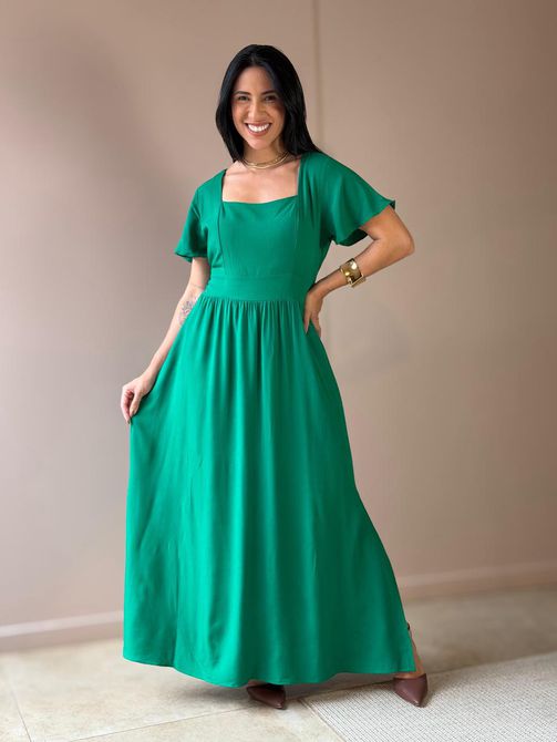 Vestido Midi Ruth Manga Curta VERDE BANDEIRA - LOJA TUTTI FRUTTI