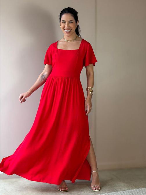 Vestido Midi Ruth Manga Curta VERMELHO - LOJA TUTTI FRUTTI