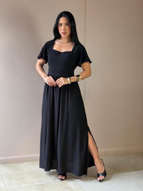 Vestido Midi Ruth Manga Curta PRETO - LOJA TUTTI FRUTTI