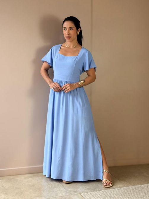 Vestido Midi Ruth Manga Curta AZUL CLARO - LOJA TUTTI FRUTTI