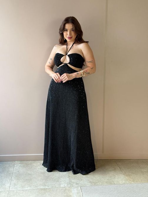 Vestido Longo Monalisa em Paete PRETO - LOJA TUTTI FRUTTI