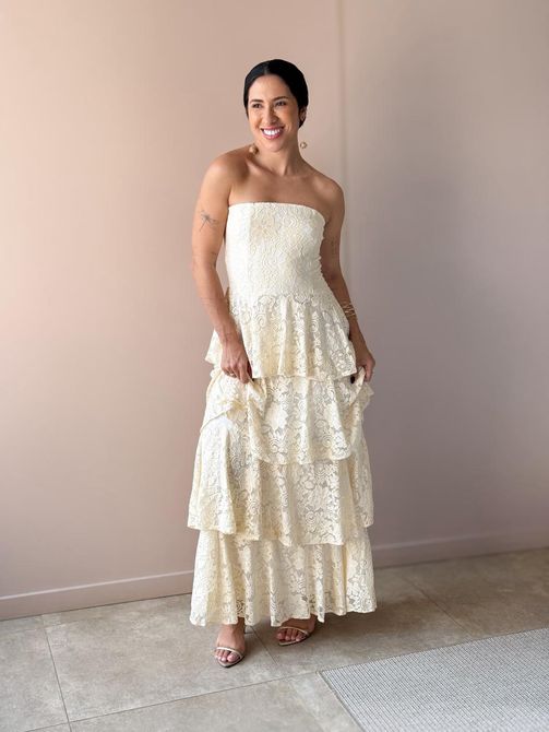 Vestido Midi Cristal Sem Alças em Renda CREME - LOJA TUTTI FRUTTI