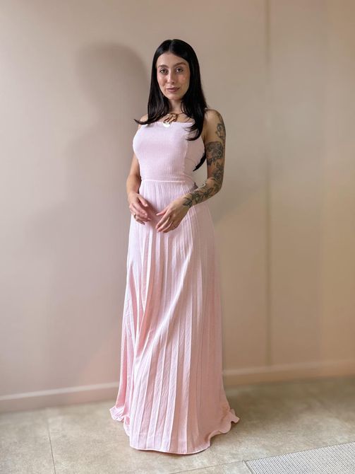 Vestido Longo Tamara Plissado Decote Reto ROSA BEB - LOJA TUTTI FRUTTI
