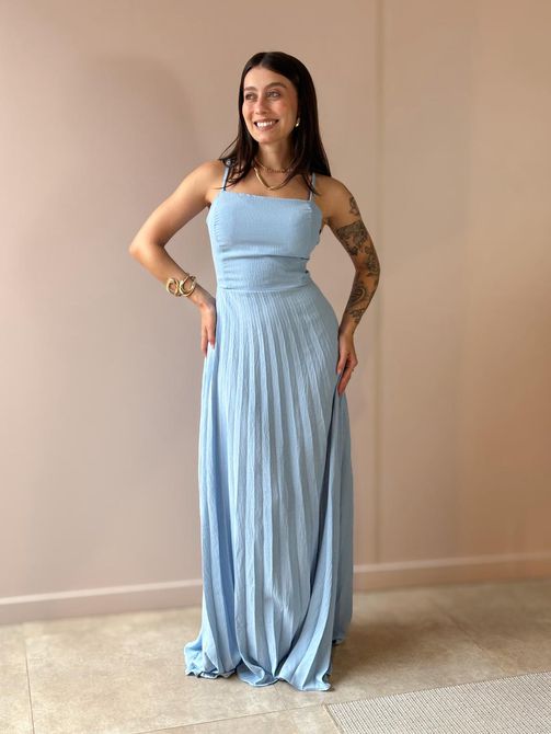 Vestido Longo Tamara Plissado Decote Reto AZUL CLA... - LOJA TUTTI FRUTTI