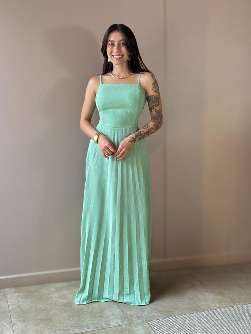 Vestido Longo Tamara Plissado Decote Reto VERDE ME... - LOJA TUTTI FRUTTI