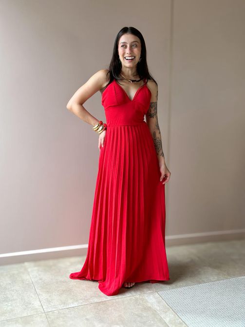 Vestido Longo Telma Plissado em Crepe Decote V VER... - LOJA TUTTI FRUTTI