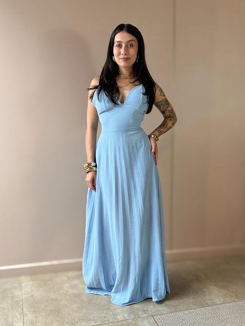 Vestido Longo Telma Plissado em Crepe Decote V AZU... - LOJA TUTTI FRUTTI