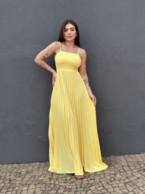 Vestido Longo Plissado Liz AMARELO - LOJA TUTTI FRUTTI