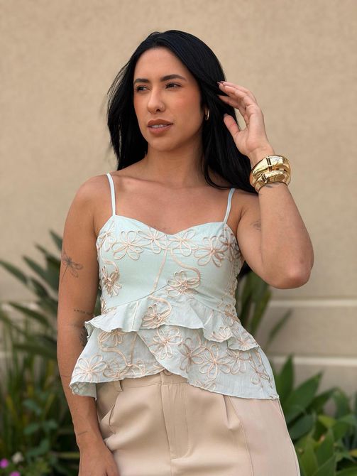 Blusa Bordada Alças Finas Babados VERDE ÁGUA - LOJA TUTTI FRUTTI