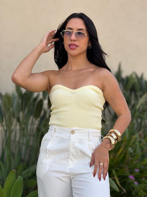 Corselet em Tricot Decote Coração AMARELO MANTEIGA... - LOJA TUTTI FRUTTI