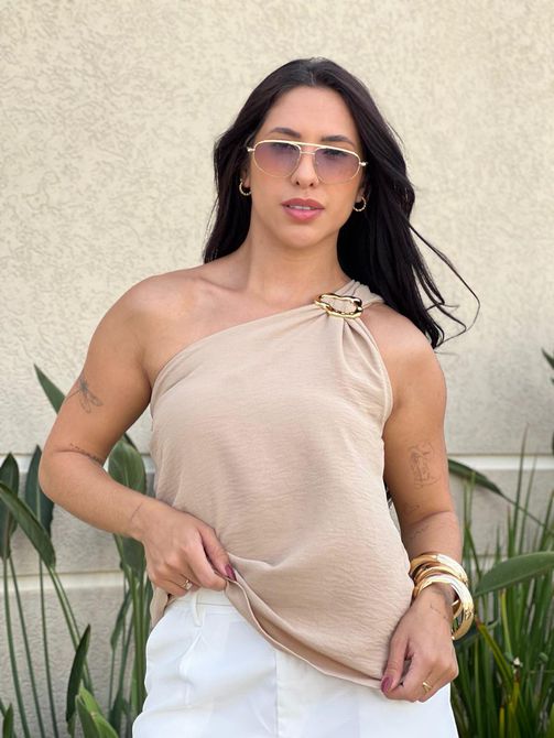 Blusa Grazi Nula Manga com Ferragem BEGE ESCURO - LOJA TUTTI FRUTTI