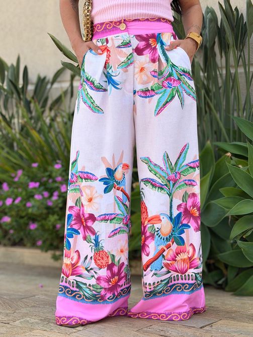 Calça Pantalona Sabrina ESTAMPADO ROSA - LOJA TUTTI FRUTTI
