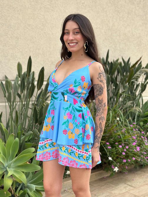 Macaquinho Claudia ESTAMPADO AZUL CLARO COM ROSA - LOJA TUTTI FRUTTI