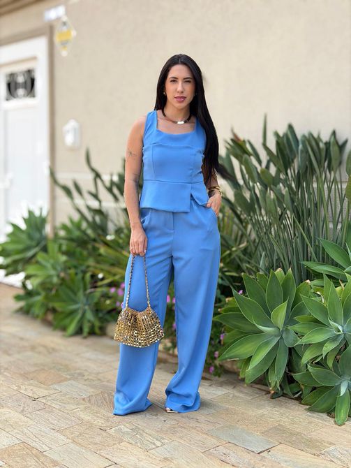 Conjunto Paula Calça e Blusa em Alfaiataria AZUL C... - LOJA TUTTI FRUTTI