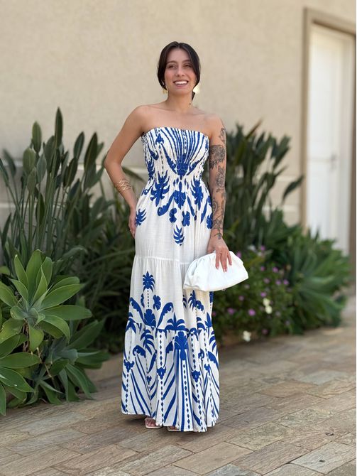 Vestido Dora Midi sem Alças ESTAMPADO AZUL COM BRA... - LOJA TUTTI FRUTTI