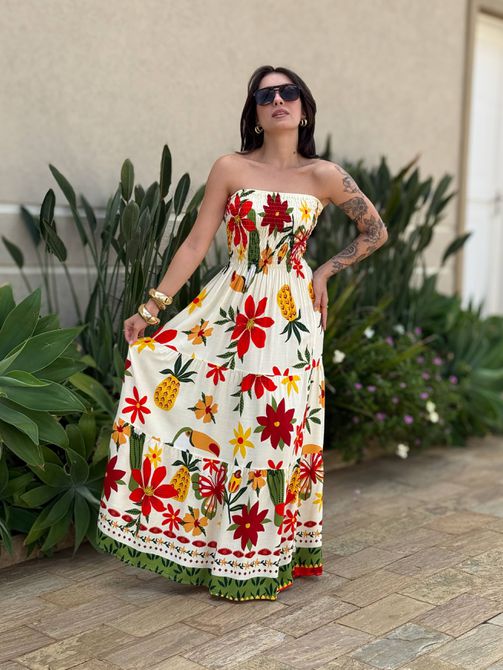 Vestido Dora Midi sem Alças ESTAMPADO BEGE COM VER... - LOJA TUTTI FRUTTI