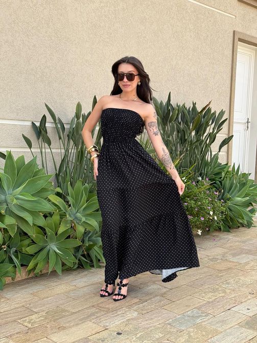 Vestido Dora Midi sem Alças POA FUNDO PRETO - LOJA TUTTI FRUTTI