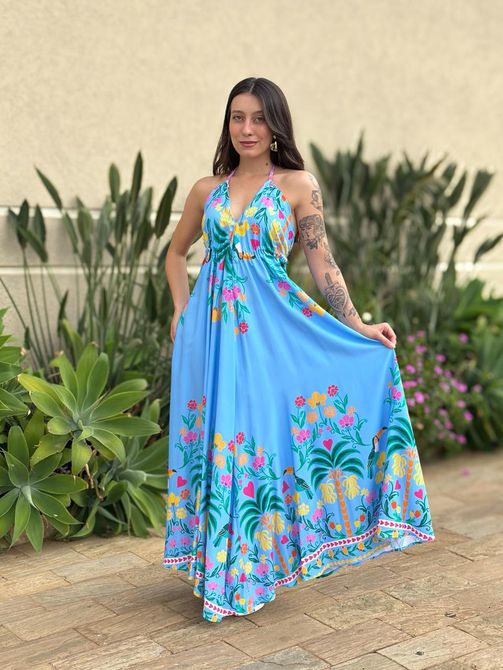 Vestido Midi Monique ESTAMPADO AZUL CLARO COM ROSA - LOJA TUTTI FRUTTI