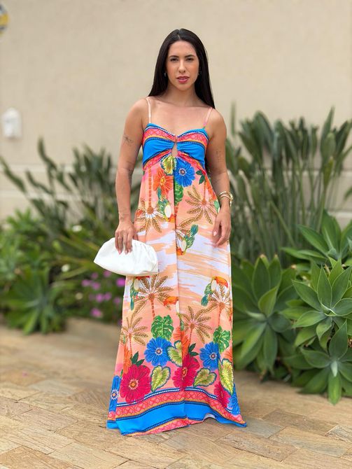 Vestido Longo Suelen com Detalhe de Metal no Busto... - LOJA TUTTI FRUTTI