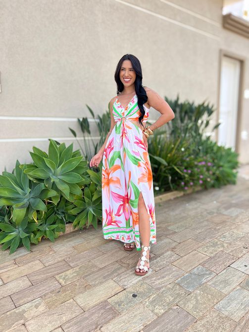 Vestido Longo Analu com Abertura Lateral ESTAMPADO... - LOJA TUTTI FRUTTI