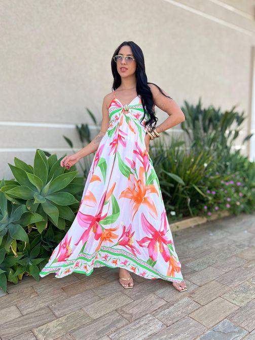 Vestido Longo Bruna ESTAMPADO ROSA COM LARANJA - LOJA TUTTI FRUTTI