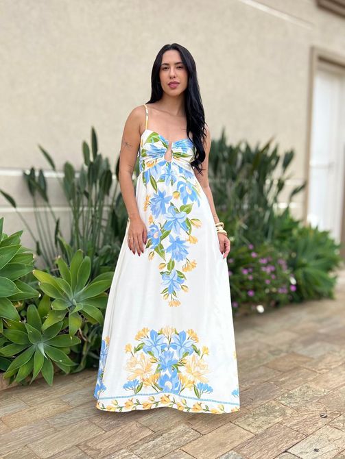 Vestido Longo Marieta ESTAMPADO CREME COM AZUL - LOJA TUTTI FRUTTI
