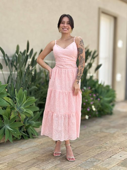 Vestido Midi Dafne em Laise ROSA BEBE - LOJA TUTTI FRUTTI