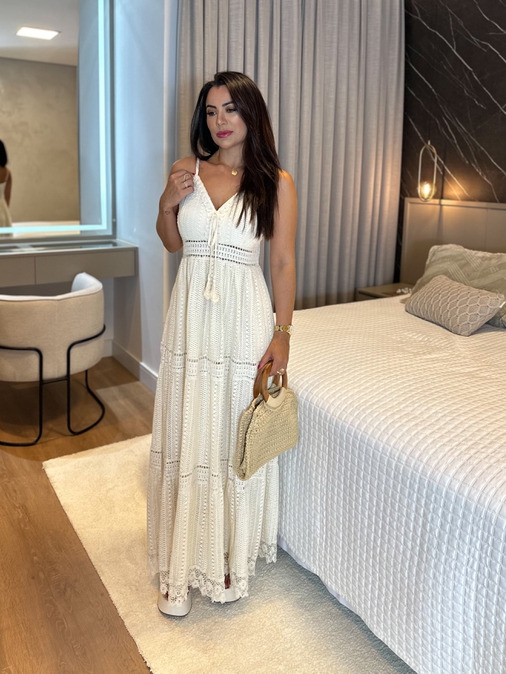 Vestido Longo Crochê Rendado Areia - Loja La Mina 