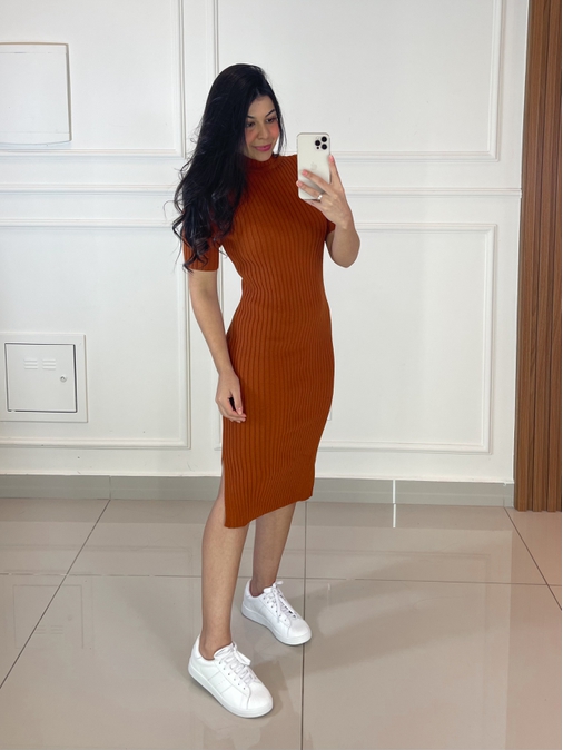 Vestido Midi Tricot Manguinha Terracota - Loja La Mina 